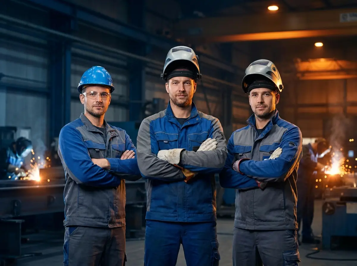 Drei Fachkräfte von IndustrieKraft in Arbeitskleidung in einer Stahlbauhalle